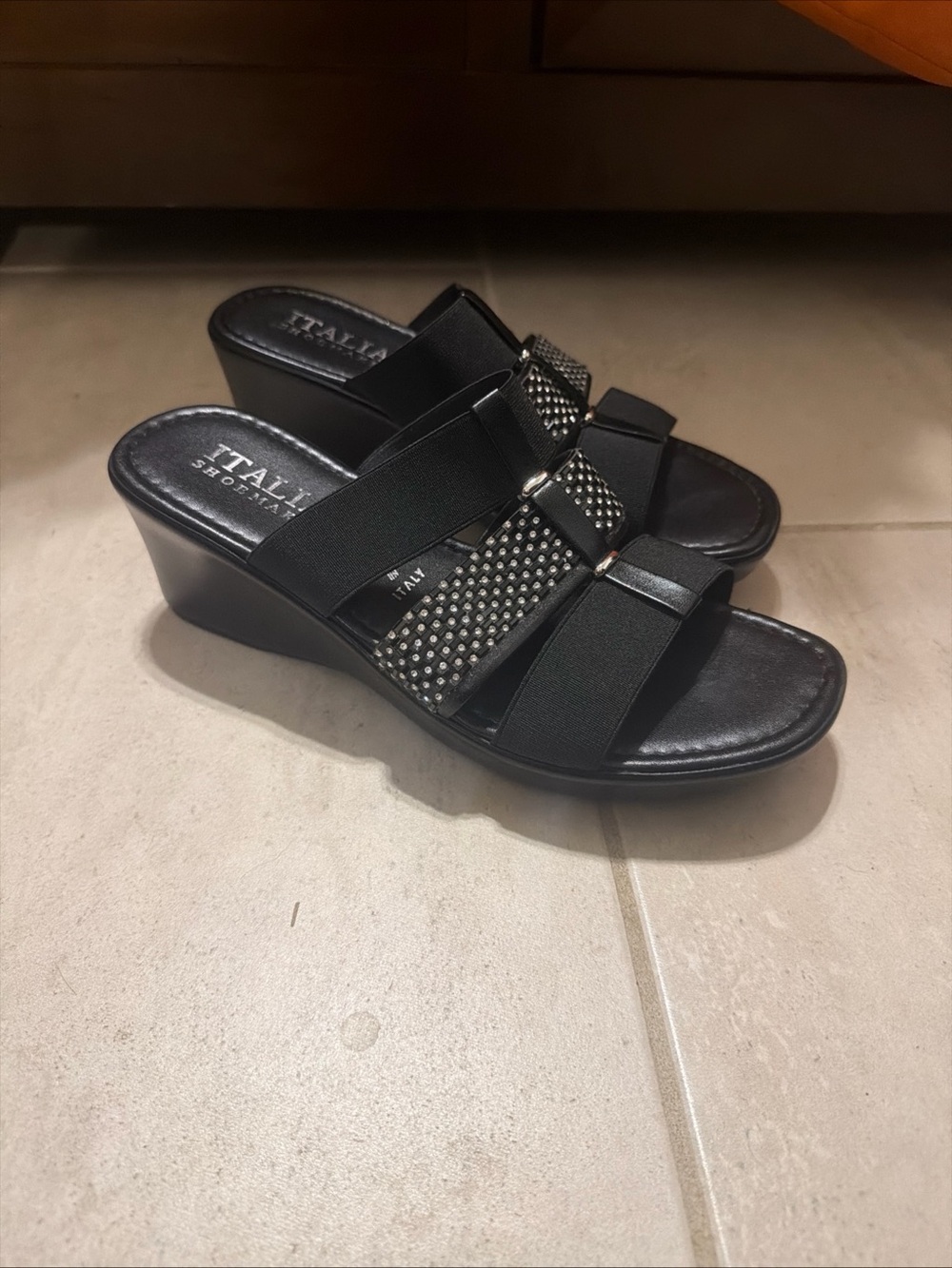 Italian Shoemakers Muse Black Wedge Slide Sandals Bling Size 8.5 EUC